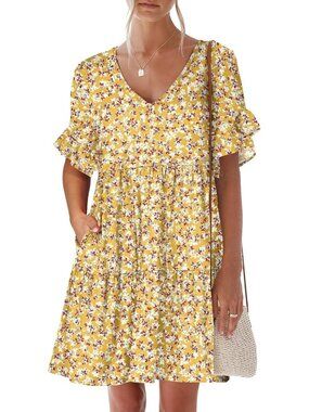 Anrabess Women's Yellow Red Neck Ruffle Sleeve A Line Tiered Mini Flowy Dress